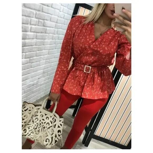 ZARA Red Floral Print Top Blouse With Belt Puff Shoulder Size XL - Picture 5 of 13